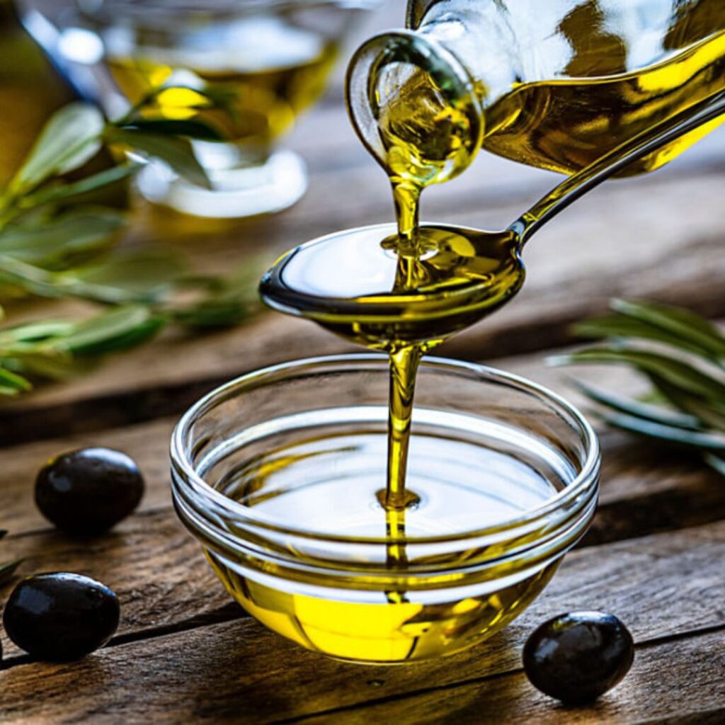 image d'une huile d'olive qui coule dans un récipient en verre